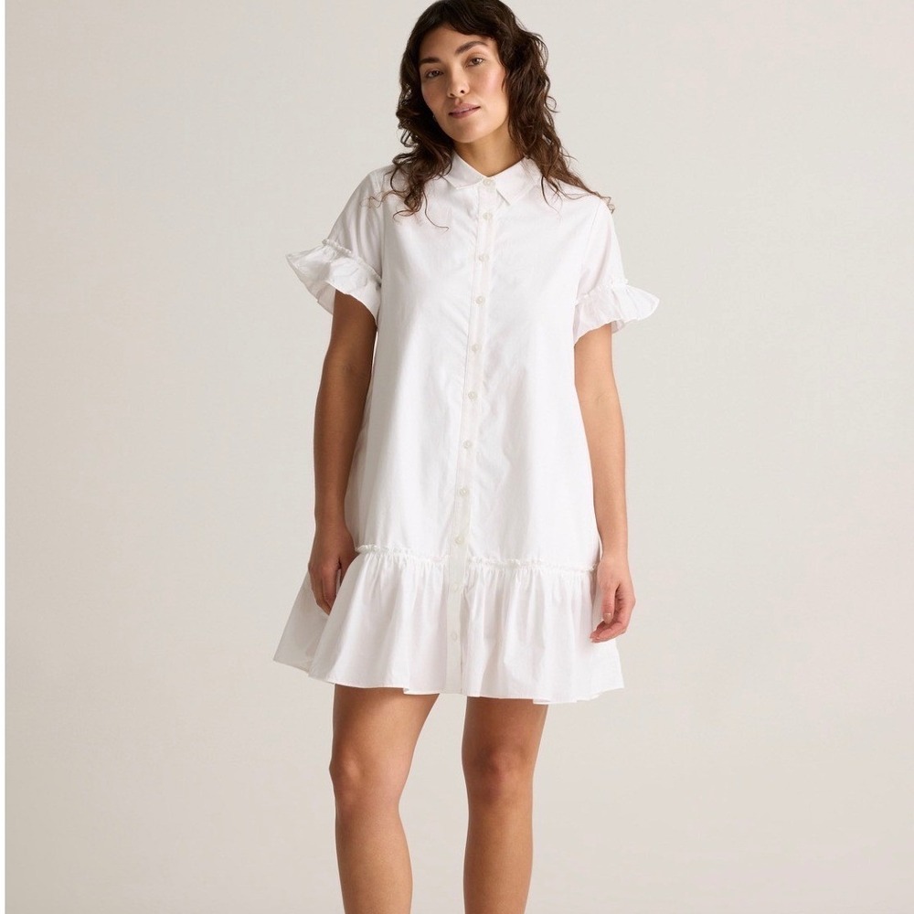 Quince White Organic Cotton Ruffle Shirt Dress Short Sleeve Pockets XS RK001